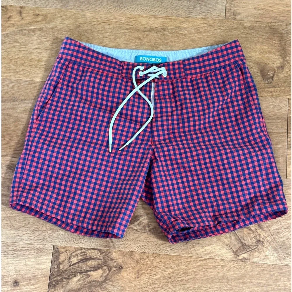 Bonobos Mens Gingham Swim Trunks Red Blue Plaid Board Shorts 7 Inch Inseam 32W